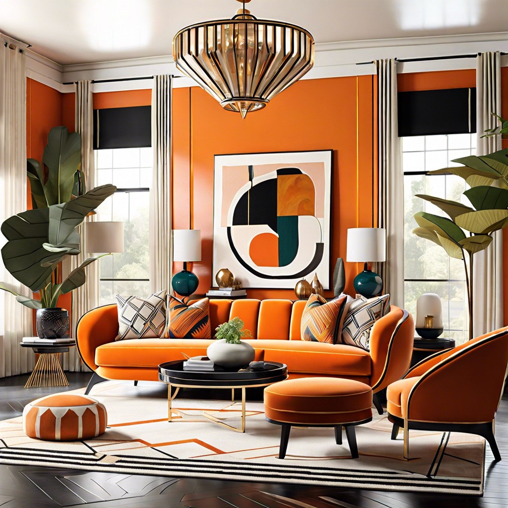 art deco inspired space with bold geometric shapes and high contrast colors