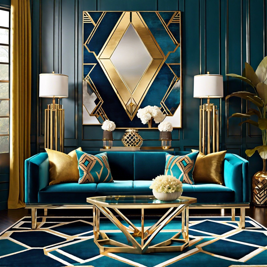 art deco revival geometric decor complementing the velvets texture