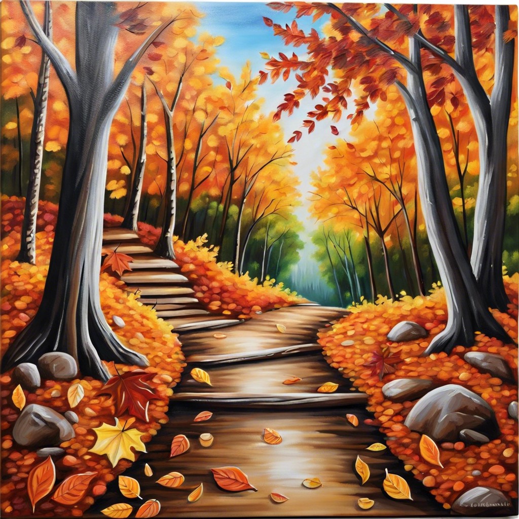 autumn forest pathway with falling leaves