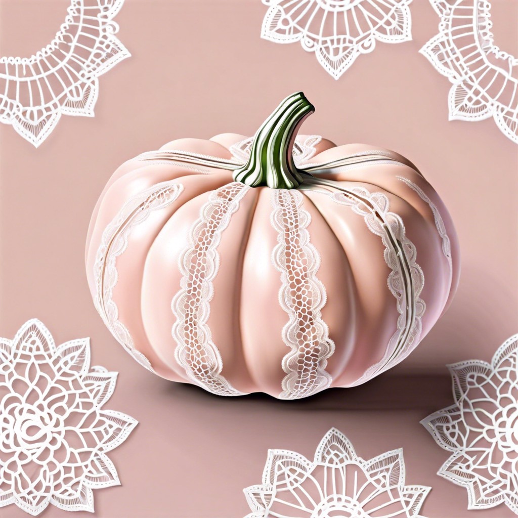 baby pink pumpkin with white lace patterns