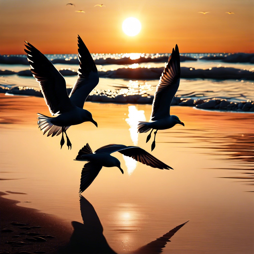 beach sunset with seagulls