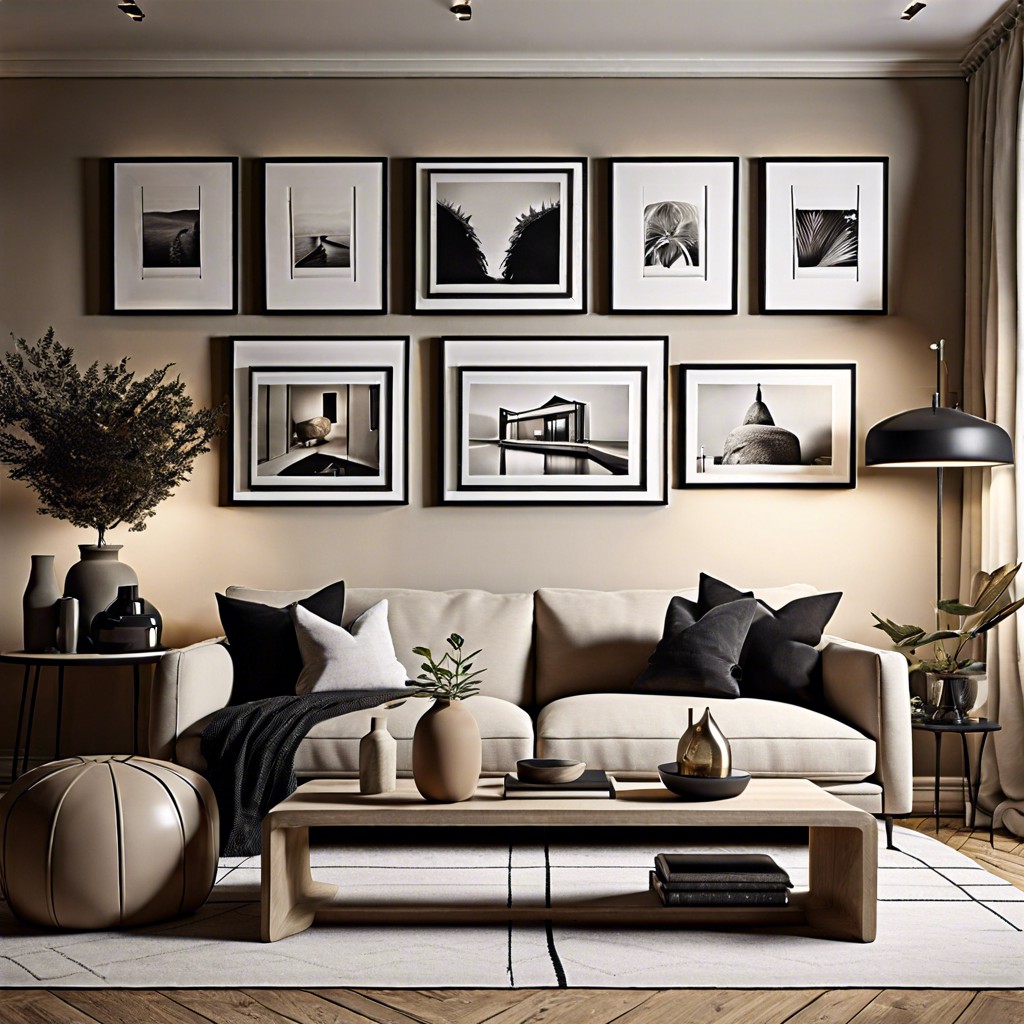 beige couch with monochrome photo gallery wall