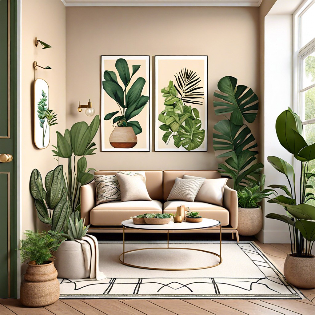 beige sofa amid lush indoor plants and botanical prints