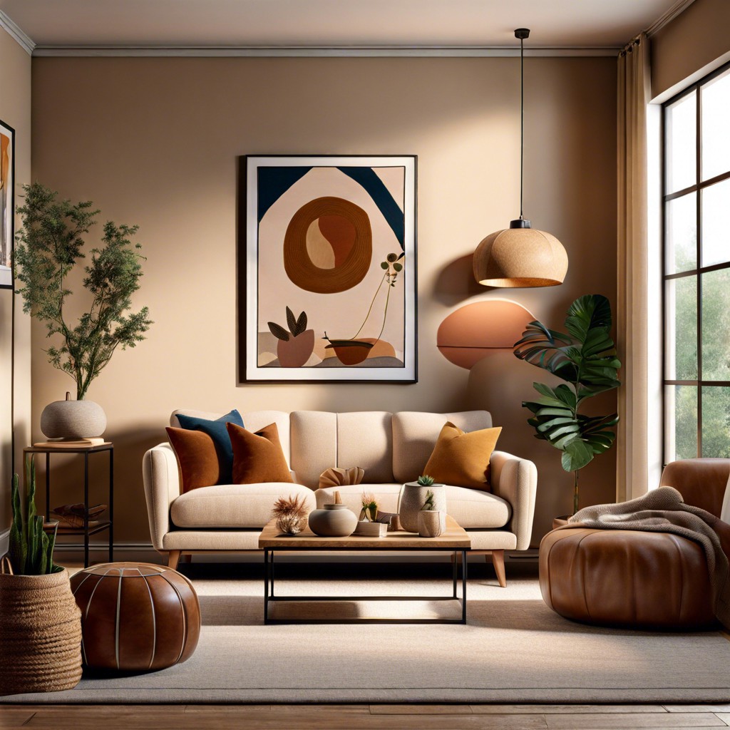beige sofa as a gallery showcase anchor