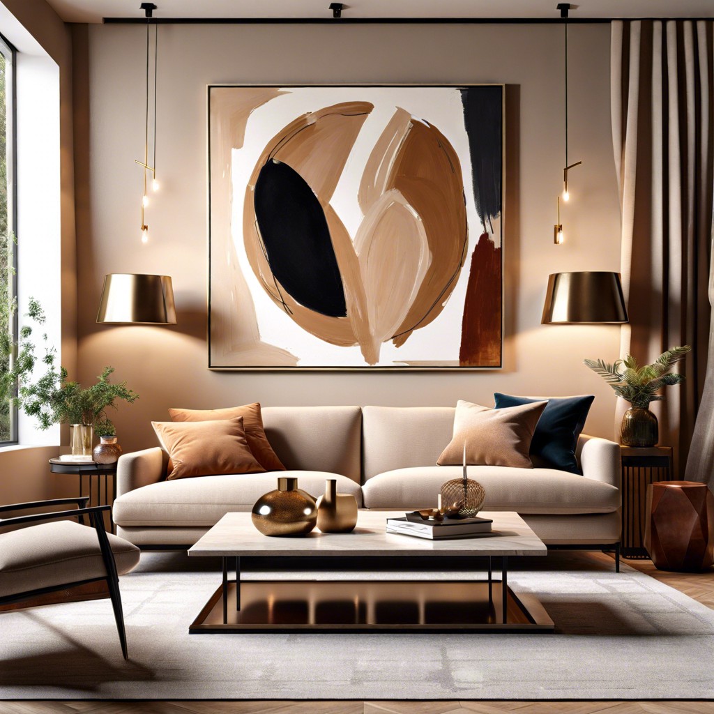 beige sofa paired with a bold modern art piece