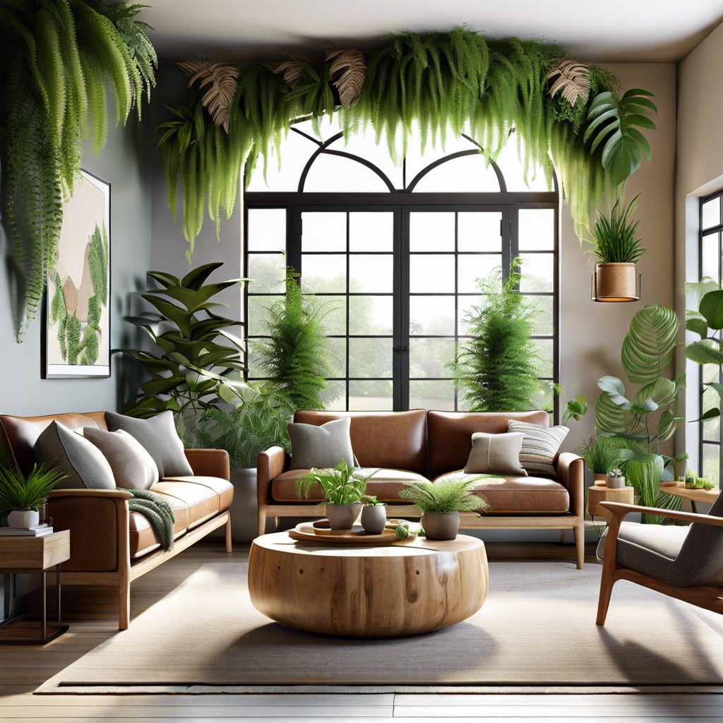biophilic blend integrating greenery with natural material sofas