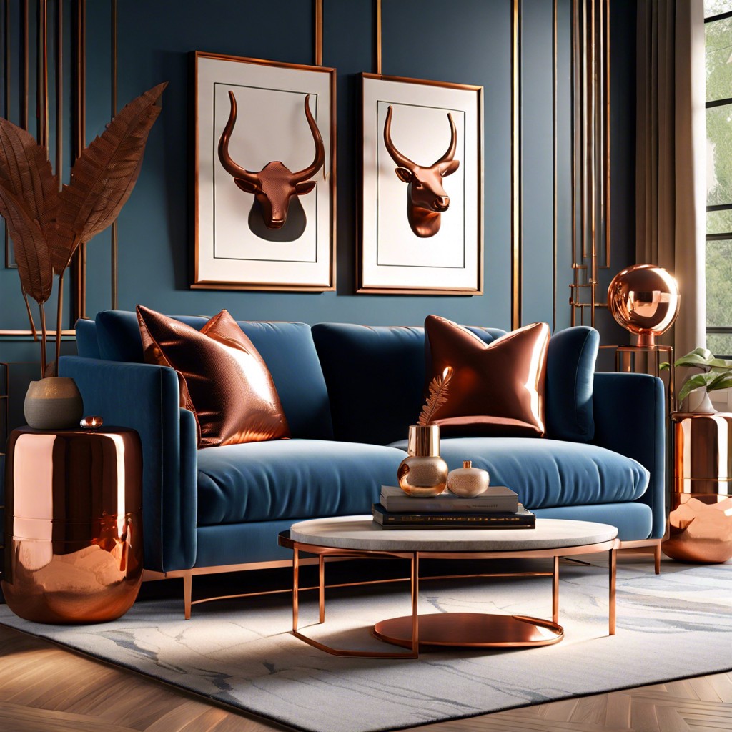 blue couch with copper accents