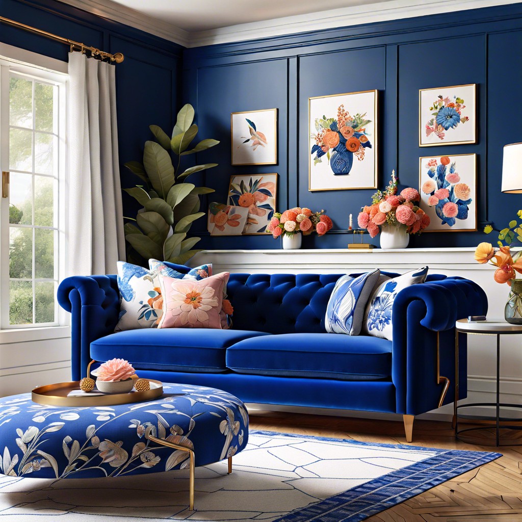 blue in bloom add floral prints with hints of royal blue to tie in the sofa