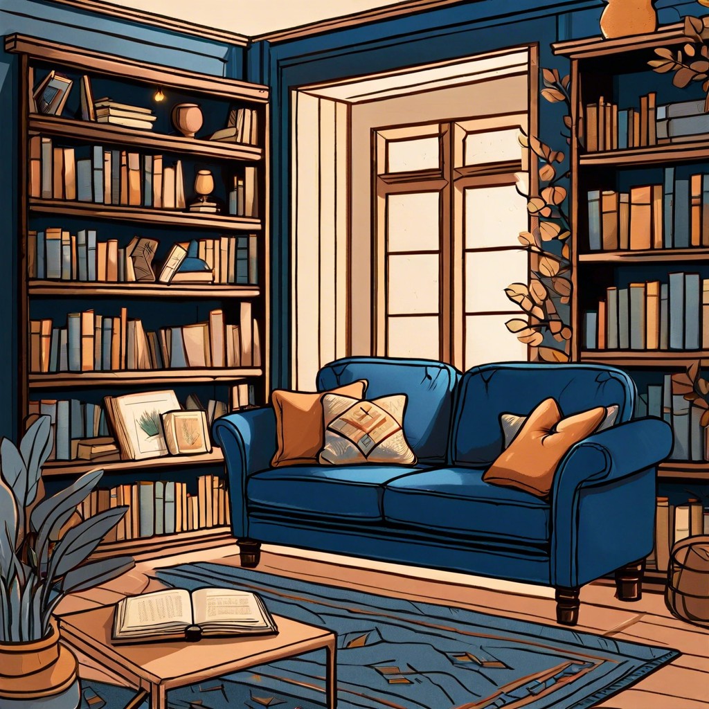 blue sofa as reading nook with bookshelves