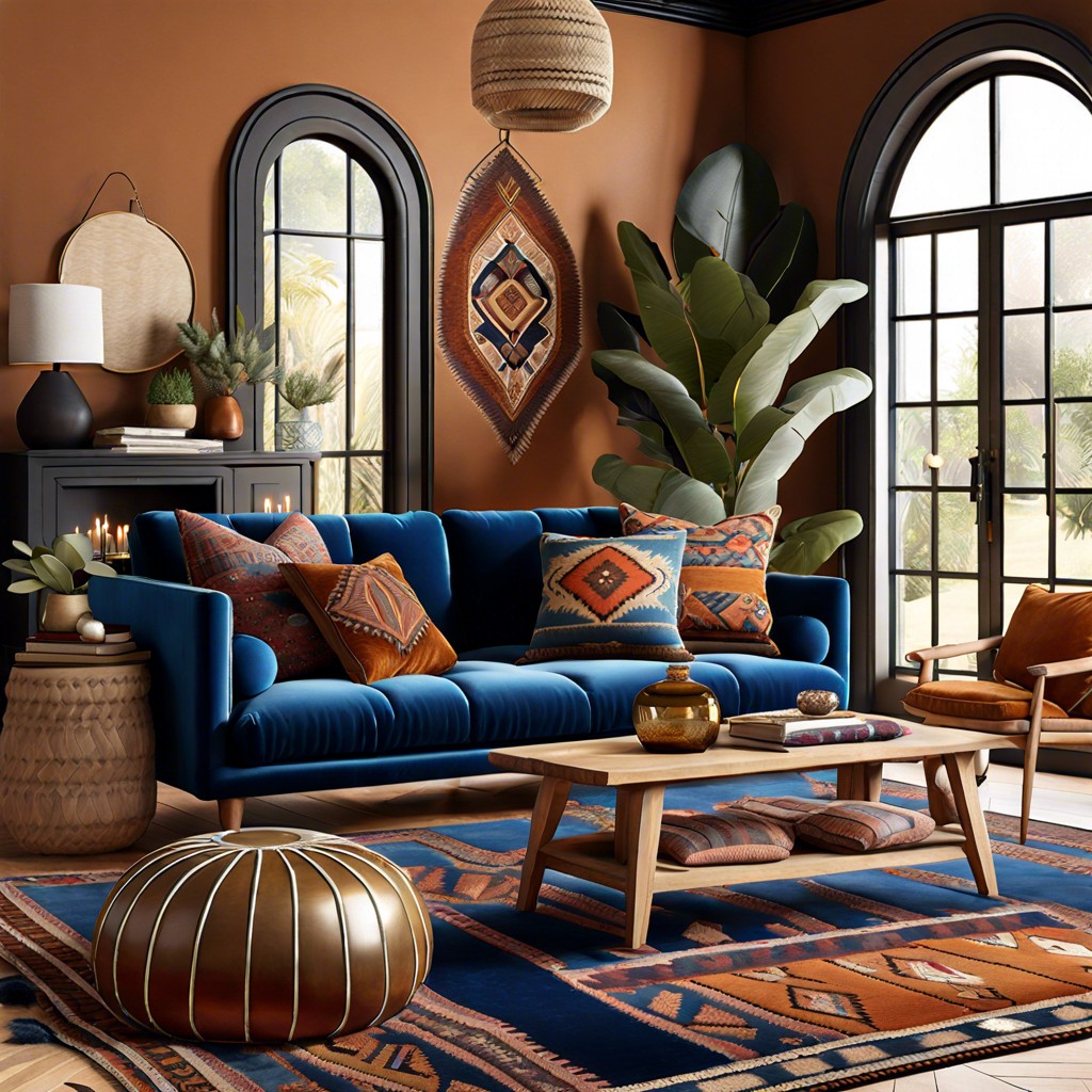 bohemian twist layered rugs and global textiles with a blue velvet backdrop