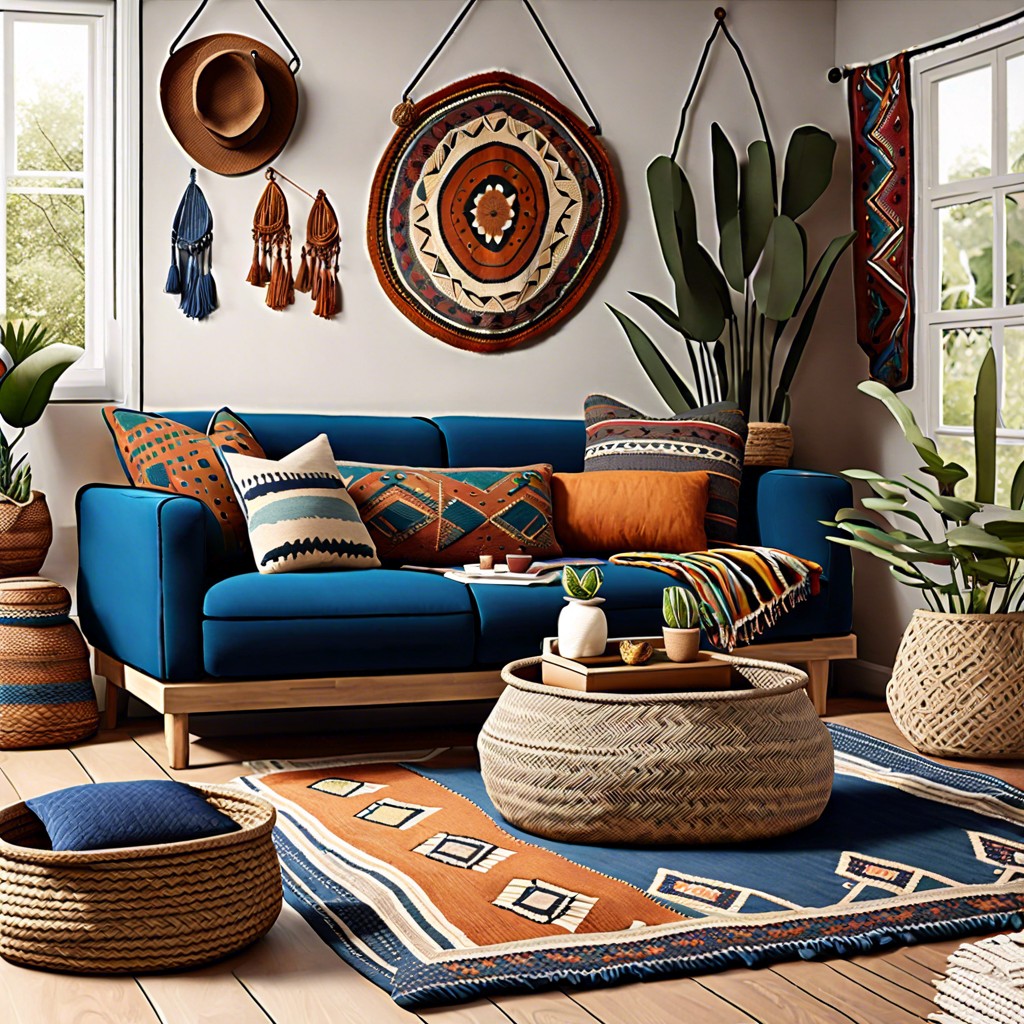 boho chic with a blue couch amp woven baskets
