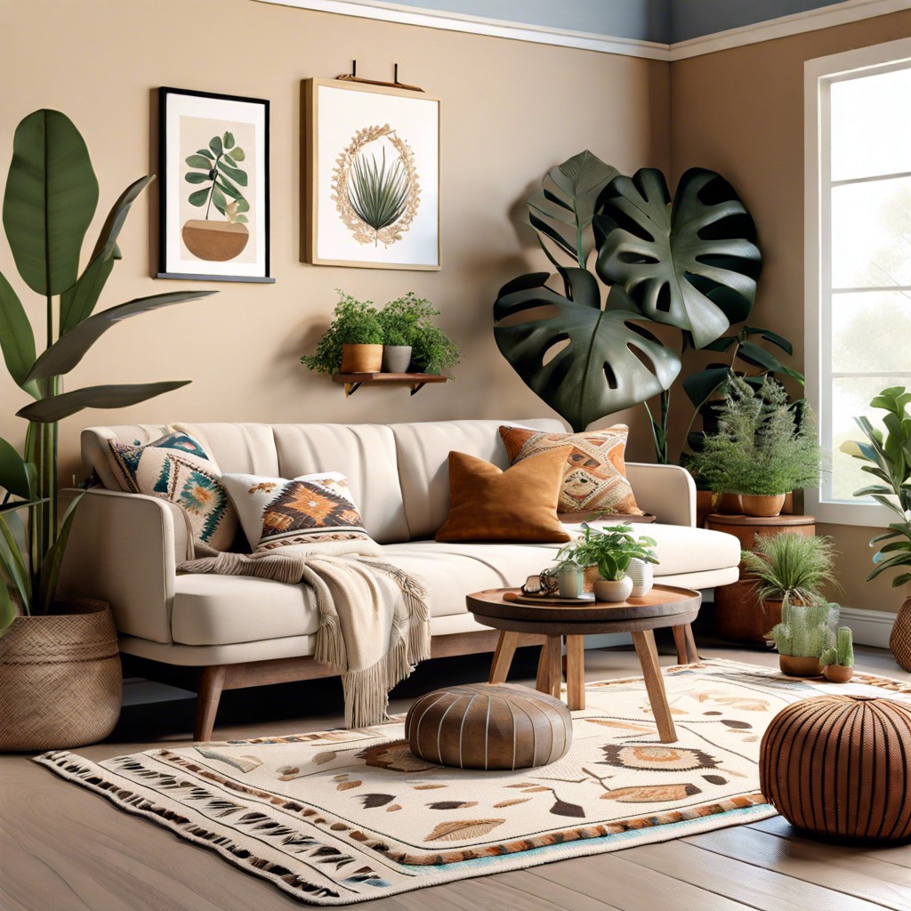 boho chic with beige couch and eclectic accents