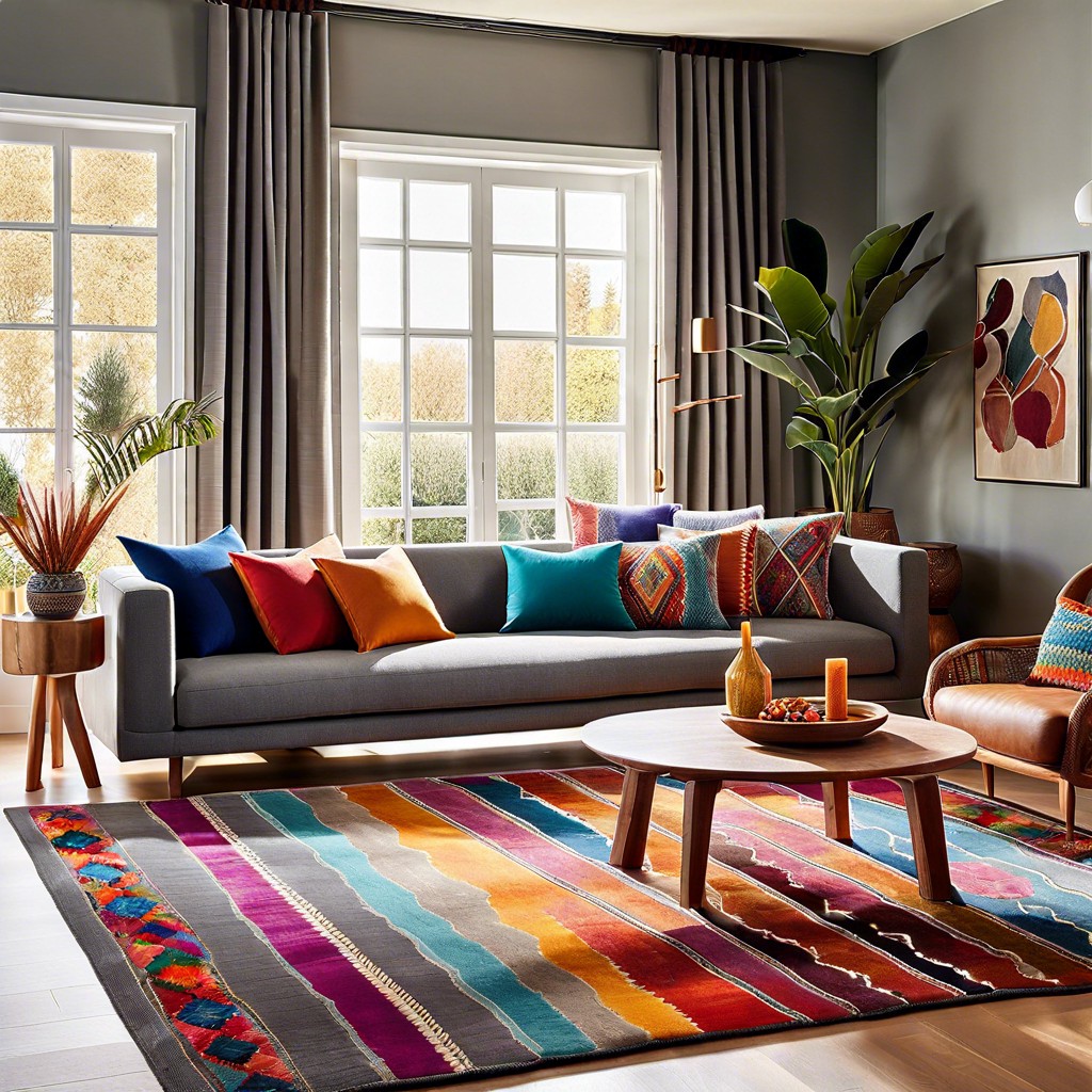 brighten a grey sofa setting with a multi colored moroccan rug
