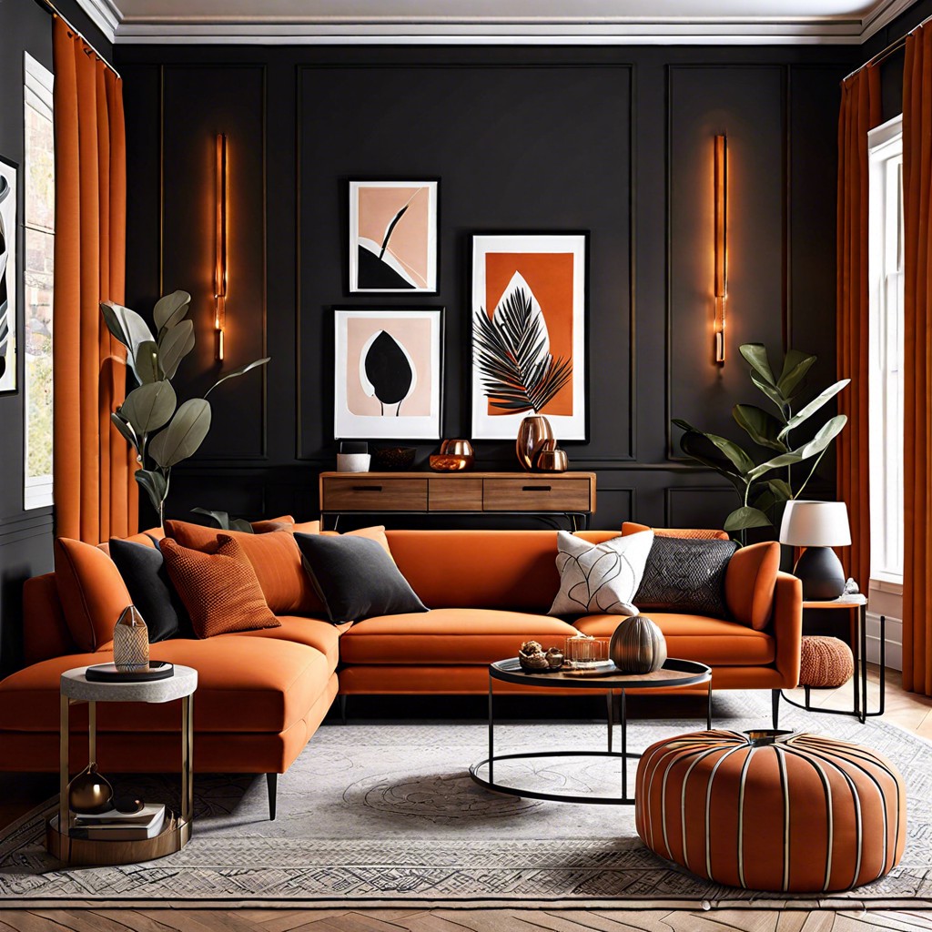 burnt orange sofa as part of a monochrome look with varying orange shades