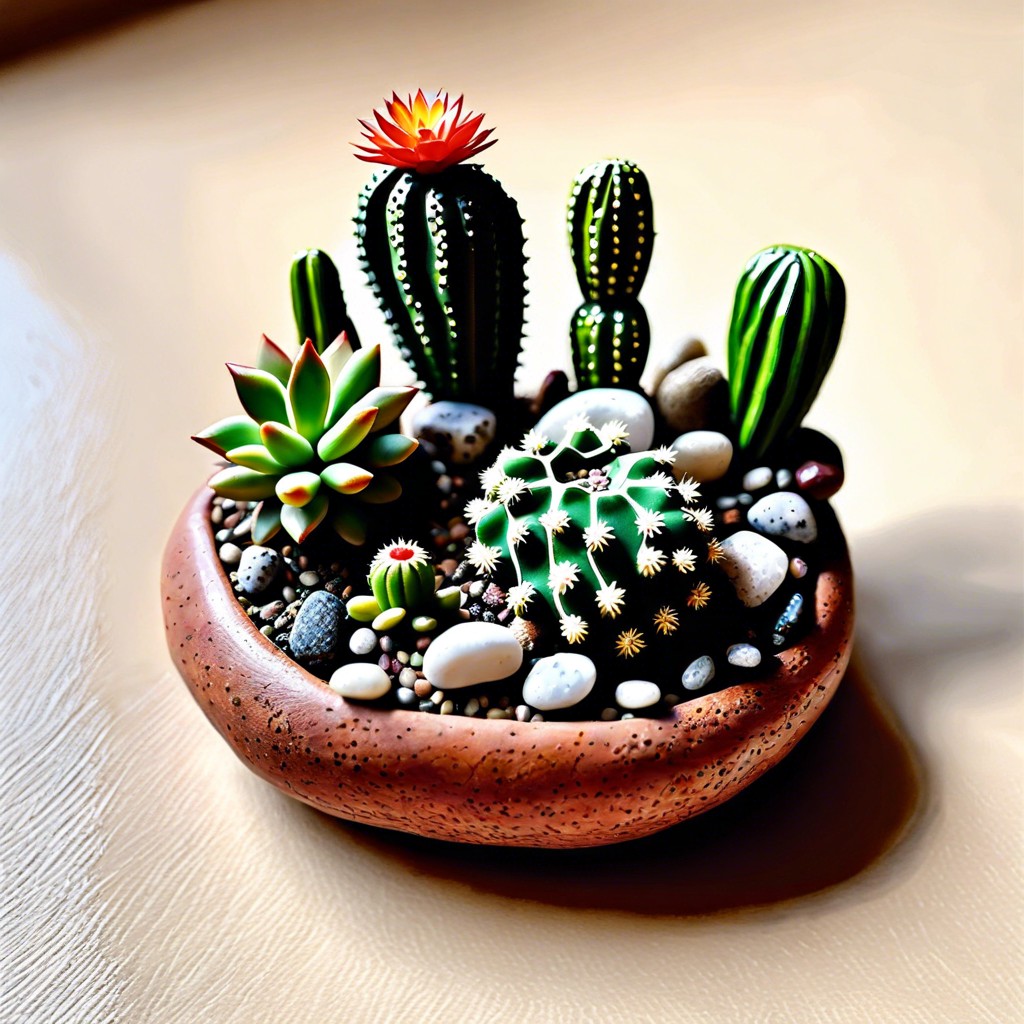 cactus garden with tiny painted stones as cacti