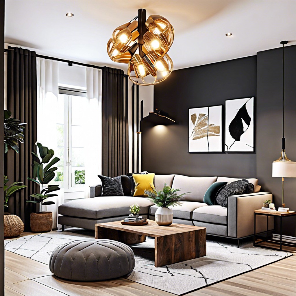 ceiling contrast hang a statement light fixture above the sectional to draw the eye upward