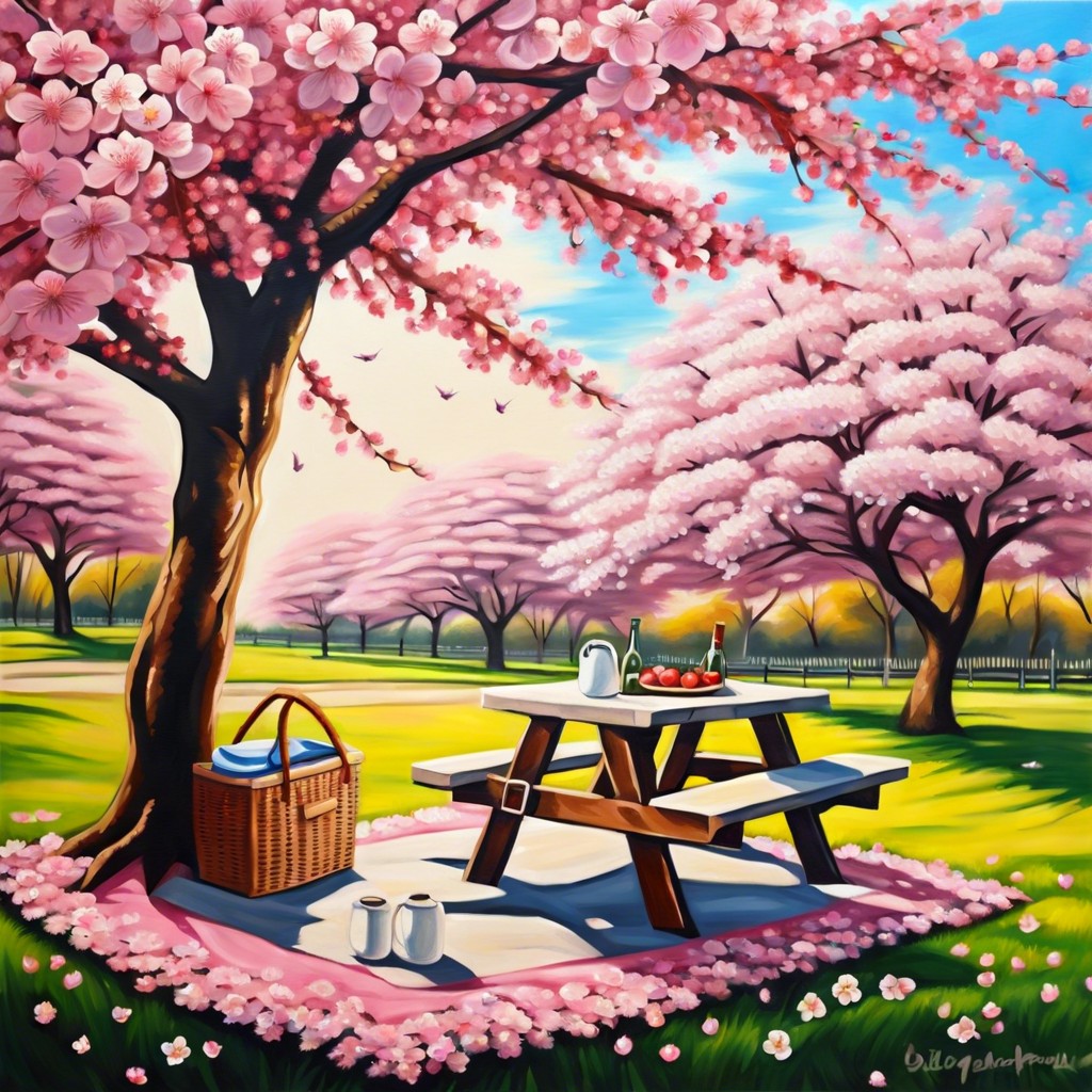 cherry blossom park with picnic scene