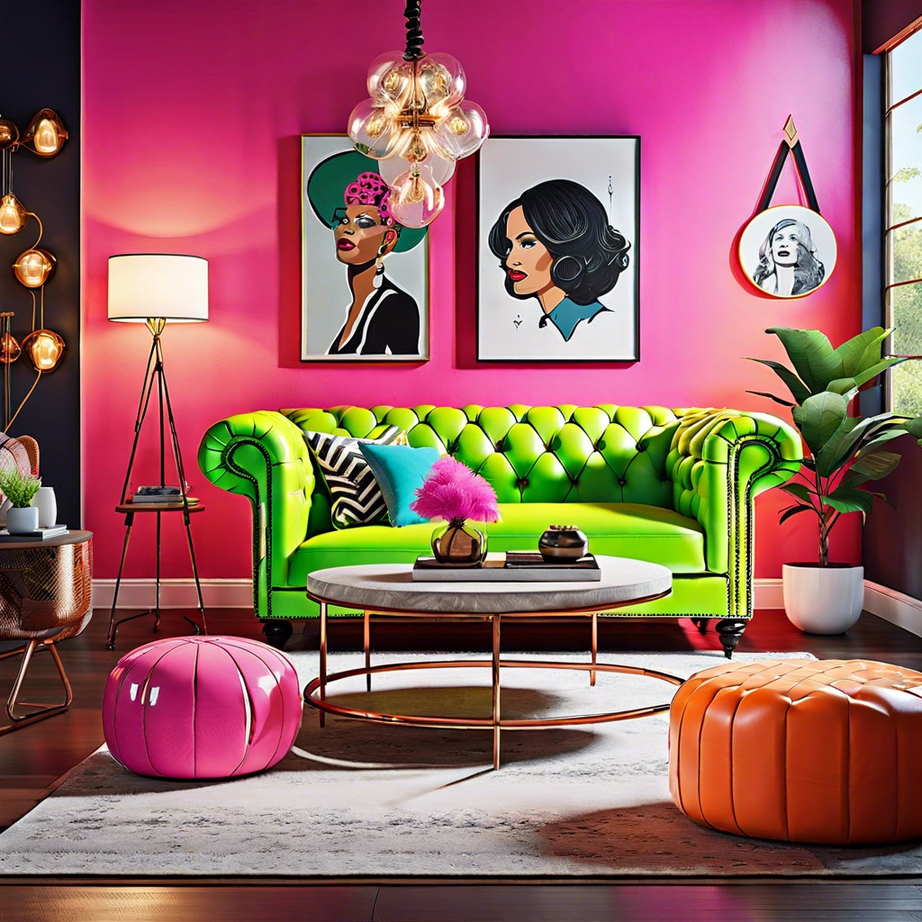chesterfield with pops of neon for a playful ambiance