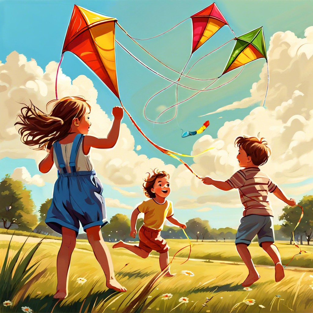 children flying kites on a windy day