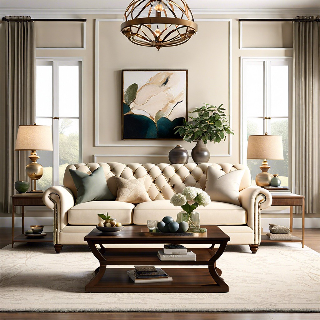 choose a cream couch with a tufted design for elegance