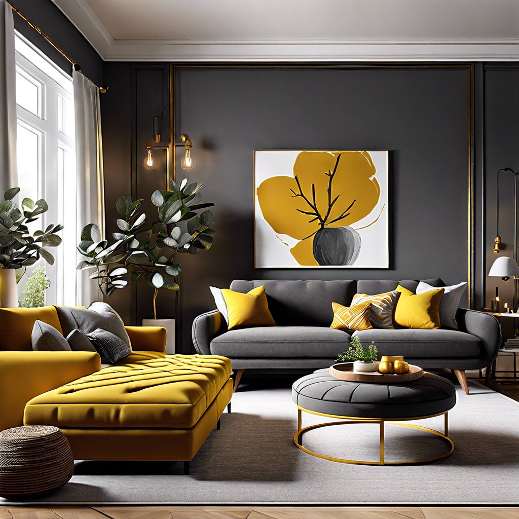 choose a vibrant mustard yellow ottoman to contrast the grey