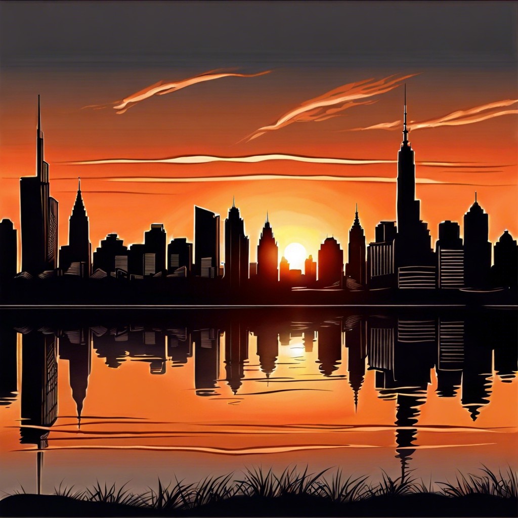 city skyline at sunset in silhouette