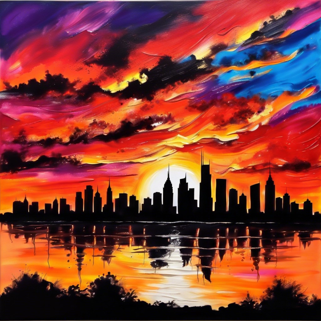 city skyline at sunset with vivid backdrops