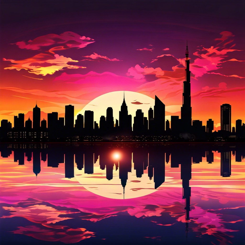 city skyline silhouette with a sunset background