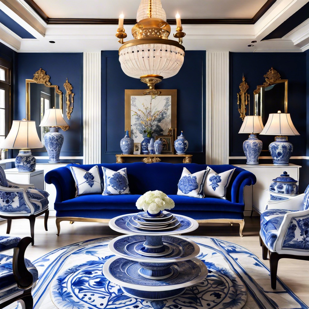 classic blue and white porcelain decorate with blue and white porcelain details