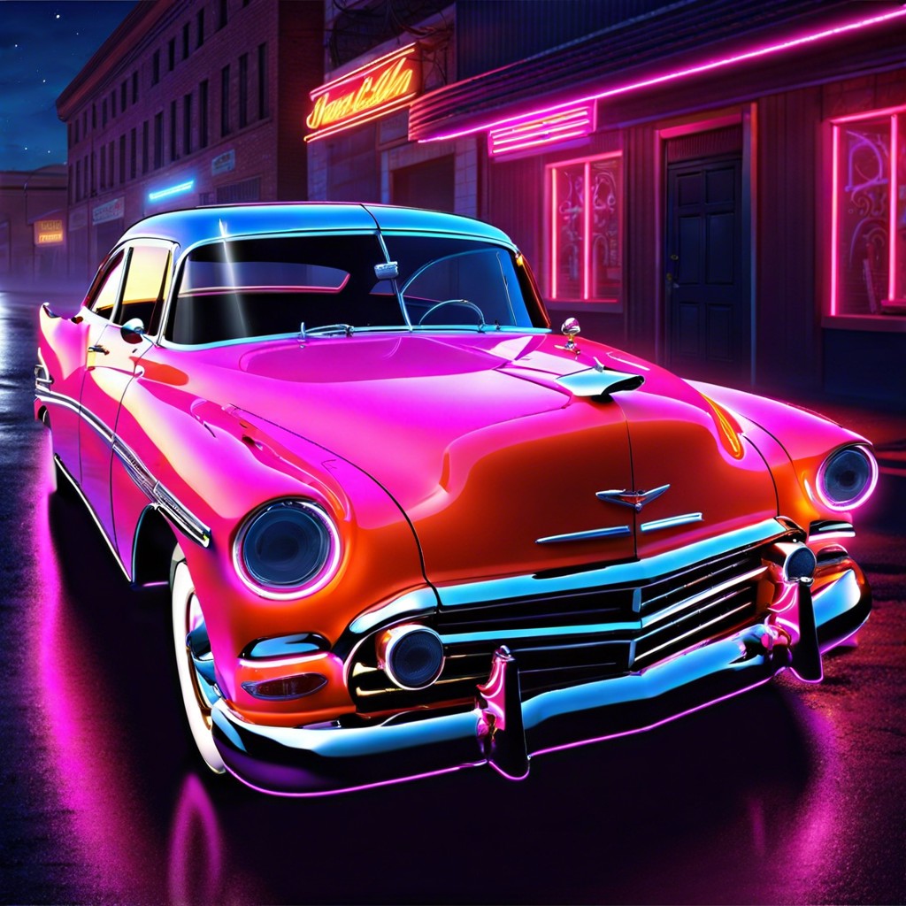 classic cars with neon underglow at a night show