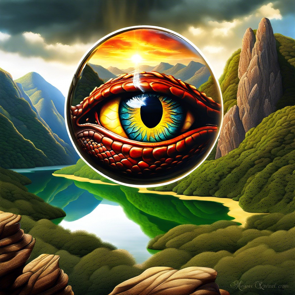 close up of a dragons eye reflecting a mythical landscape