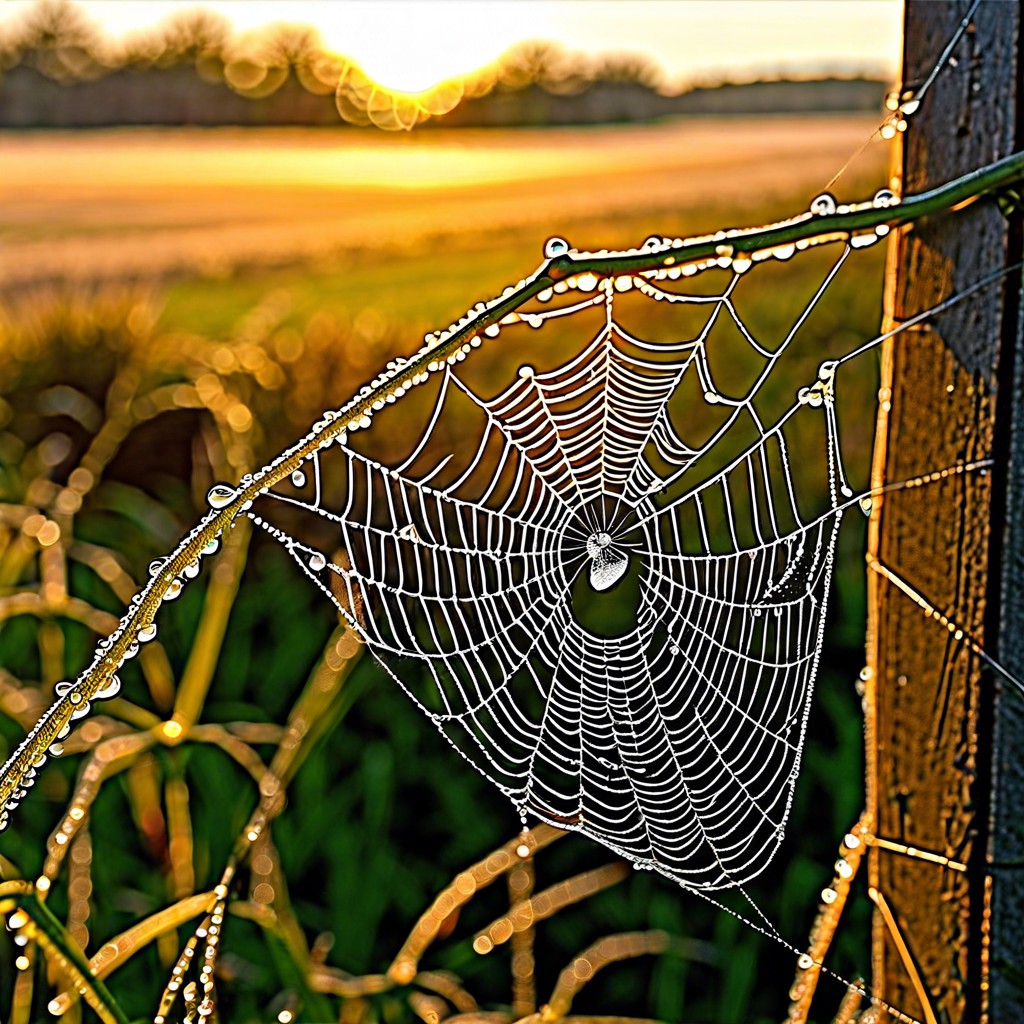 close up of dewy spider web in morning light