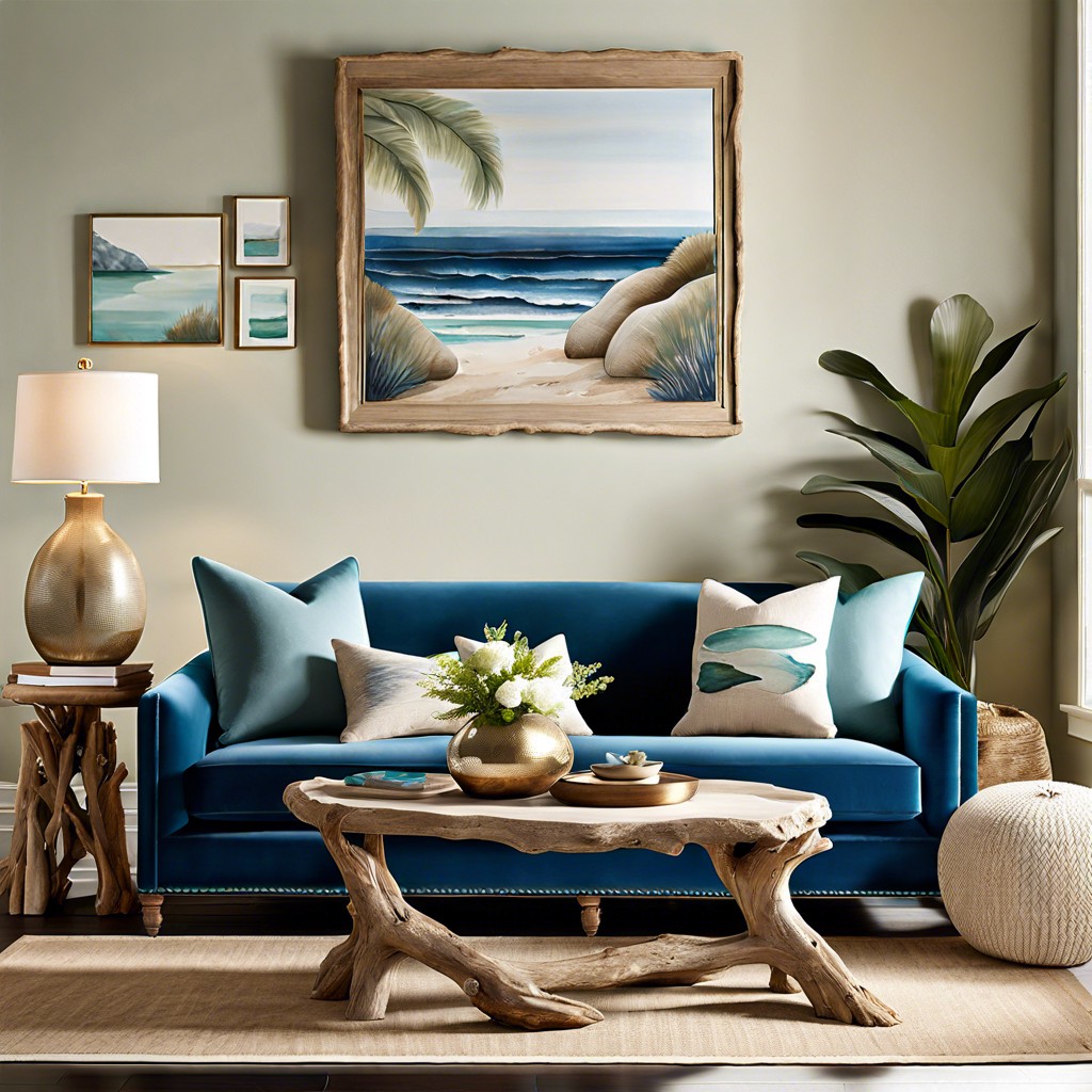 coastal charm driftwood accents balancing the opulence of blue velvet