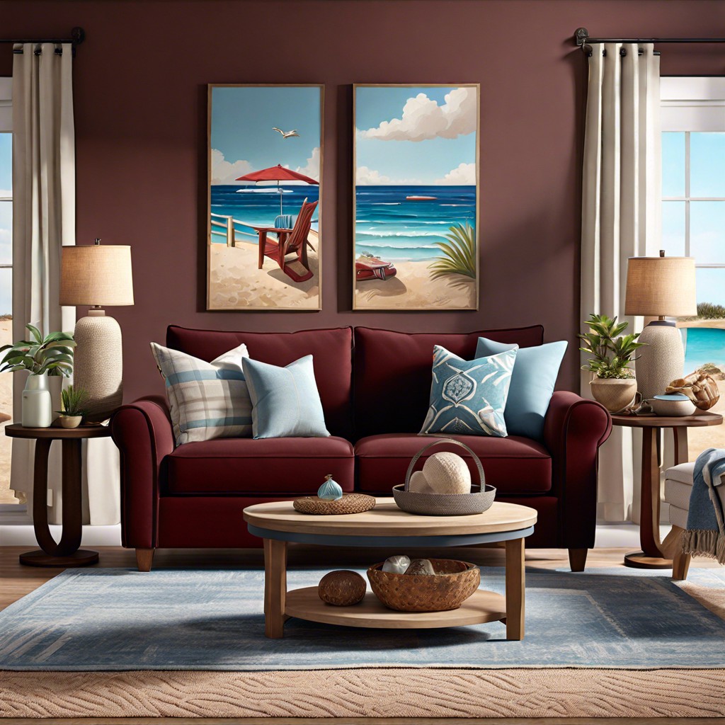 coastal cool mix the burgundy with soft blues and sandy tones for a beach inspired palette