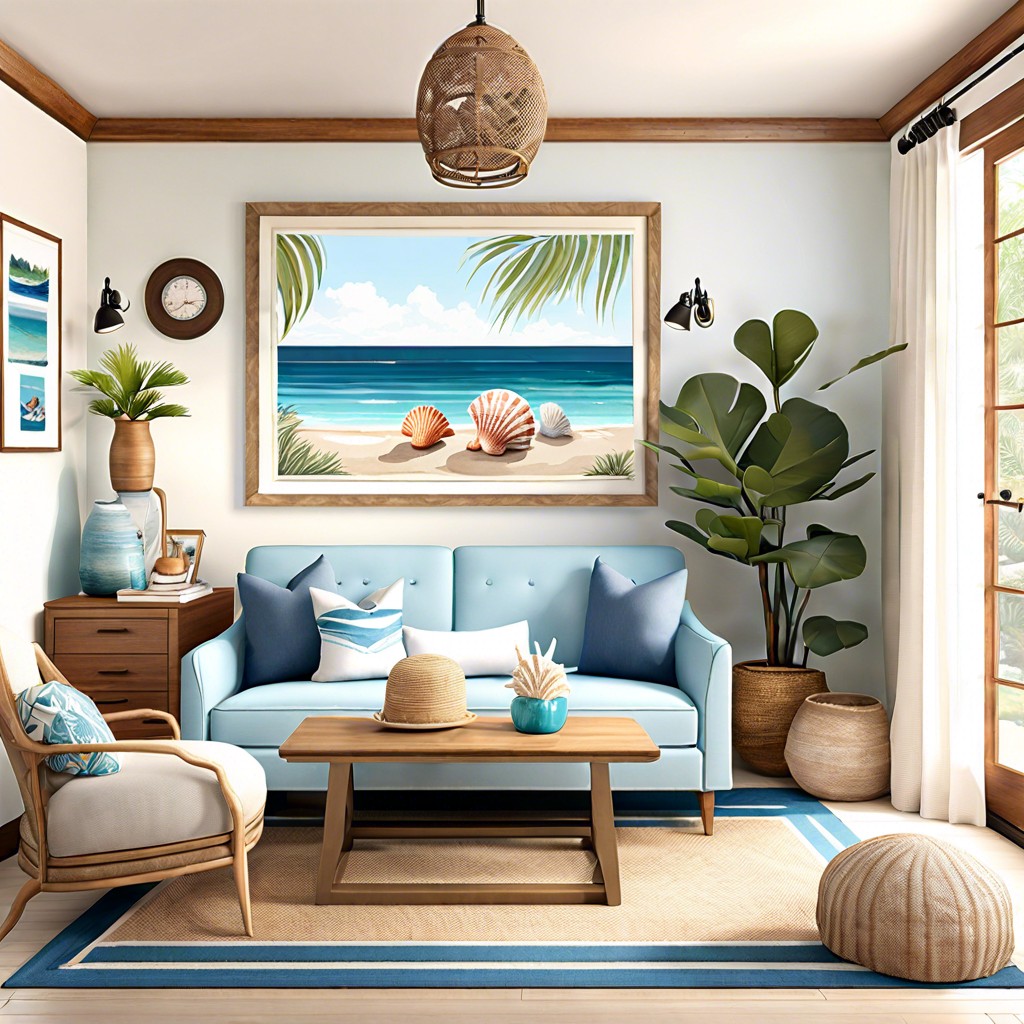 coastal theme with light blue couch
