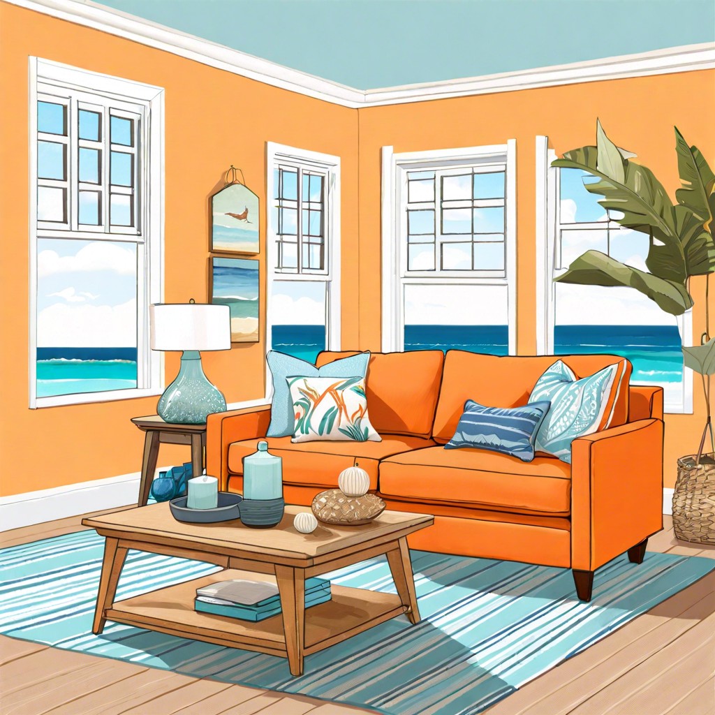 coastal theme with light blues and sandy tones to contrast the orange