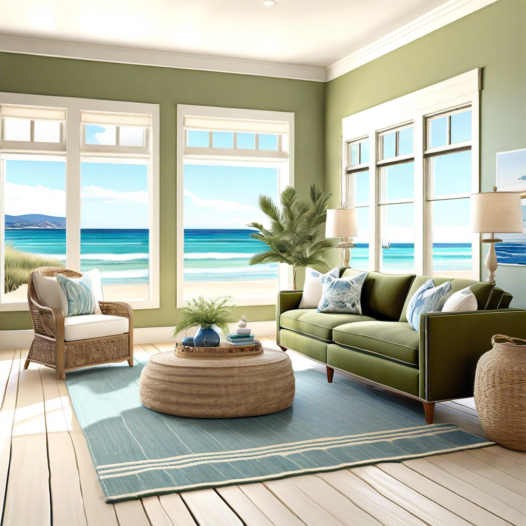 coastal vibes with olive green sofas