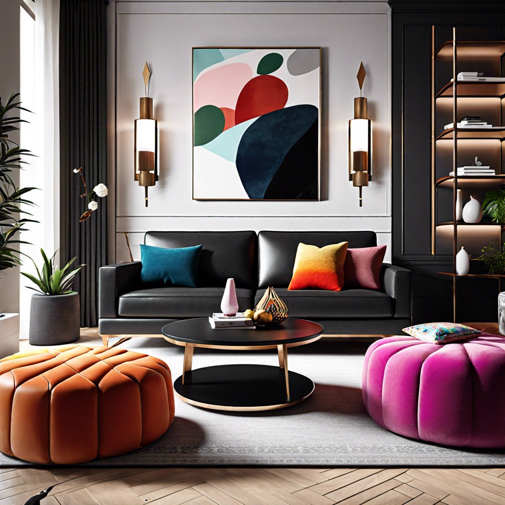 combine a black couch with a plush colorful ottoman for extra seating