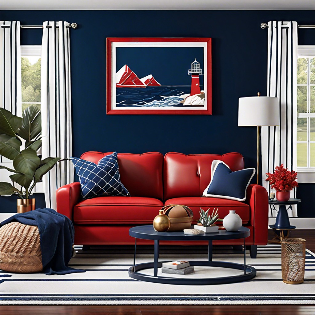 combine the red couch with navy accents for a nautical theme