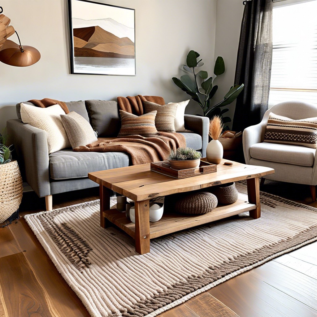 complement a grey sofa with warm wooden furniture and rustic textures