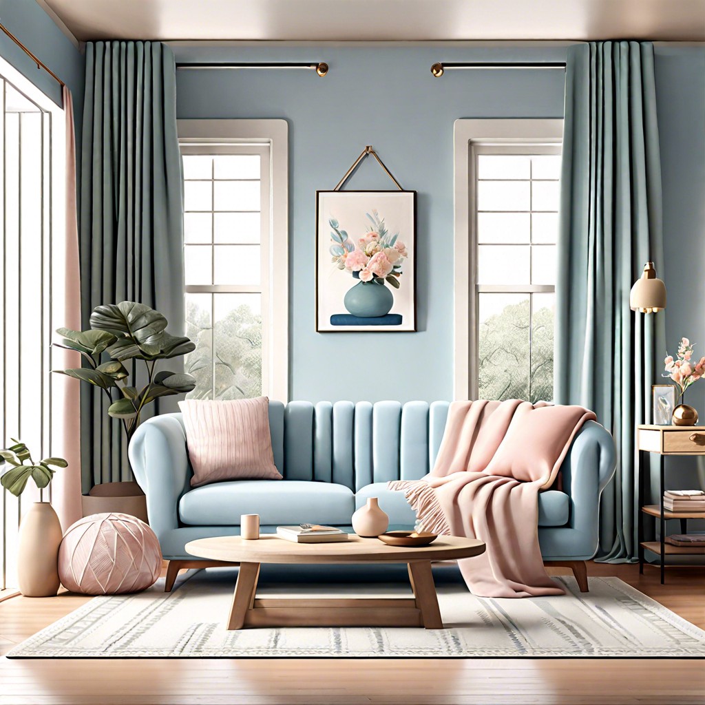 complement a powder blue sofa with pastel colored throw blankets