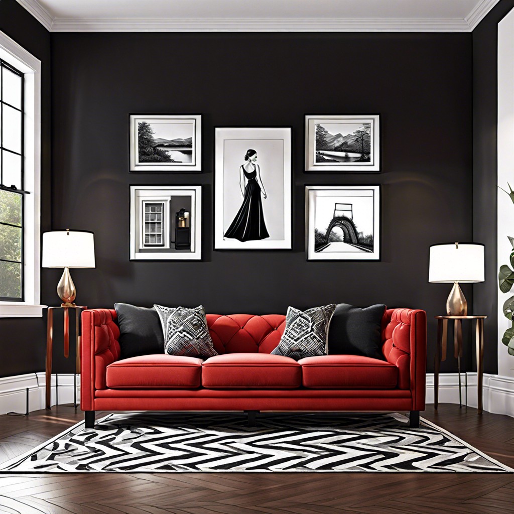 complement the red couch with black and white photography on the walls