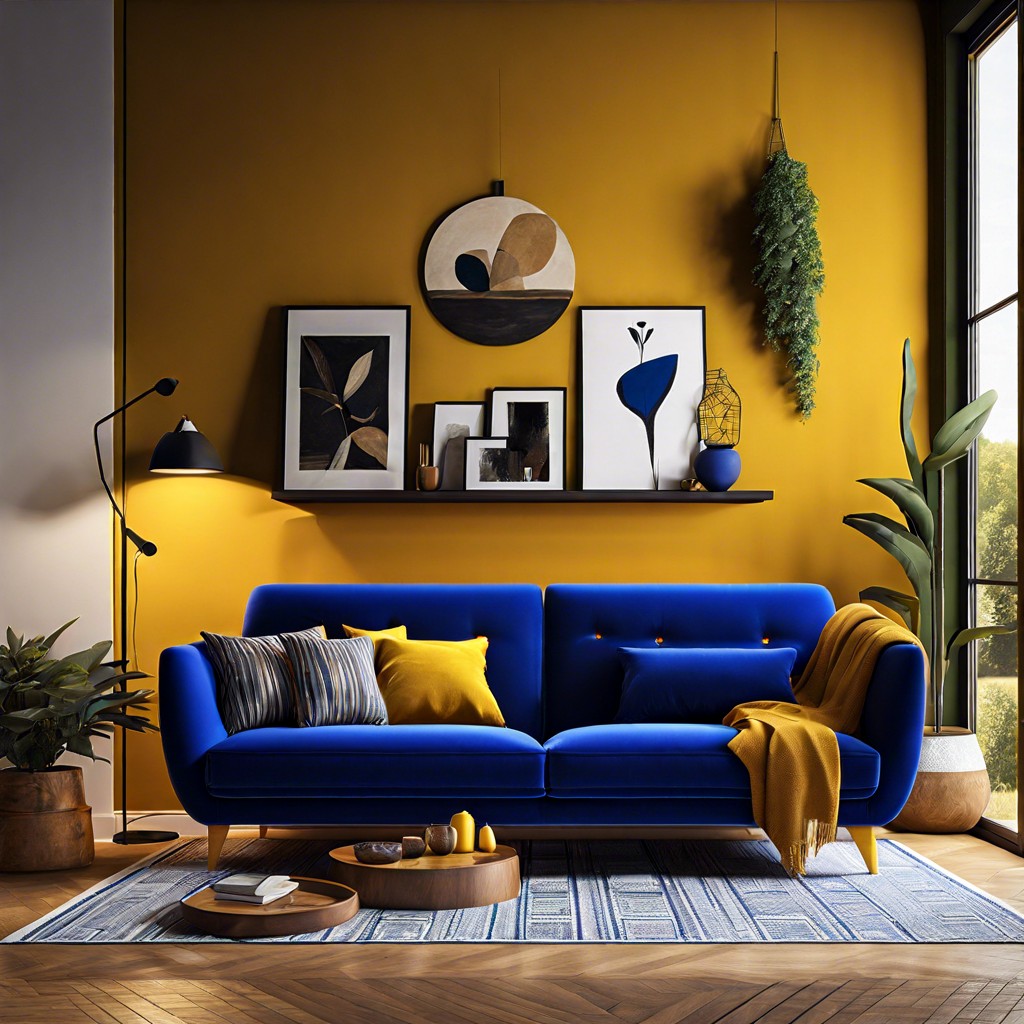 contrast a cobalt blue sofa against mustard yellow walls