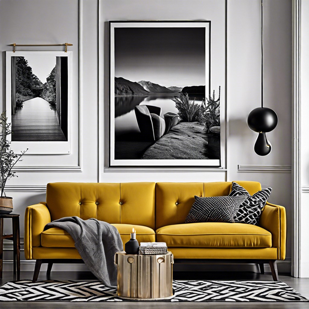 contrast with black and white photography over the couch