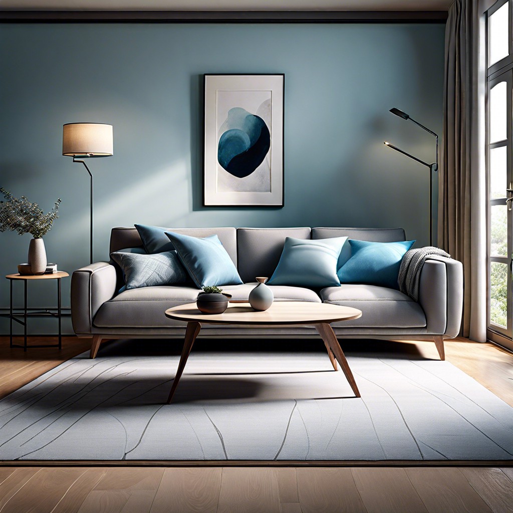 cool down a room with icy blues against a sleek grey sofa