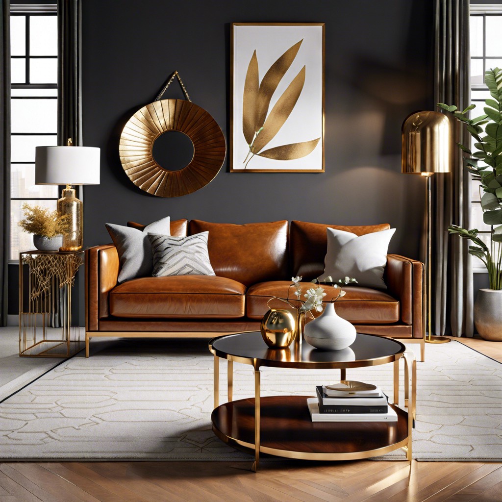 coordinate a cognac sofa with metallic accents