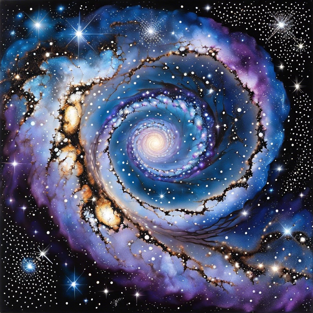 cosmic galaxy create a spiral galaxy with swirling dots of blues purples and silvers