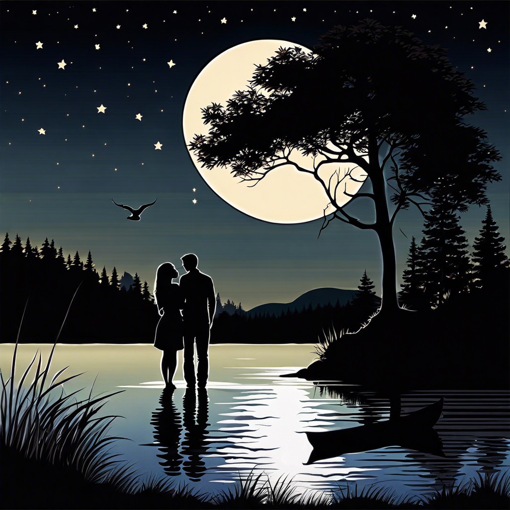 couples silhouette against a moonlit lake