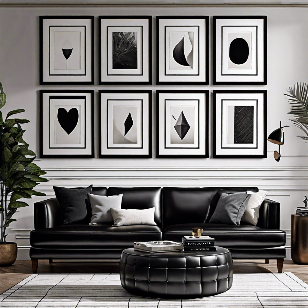craft a gallery wall above a black couch with monochrome art