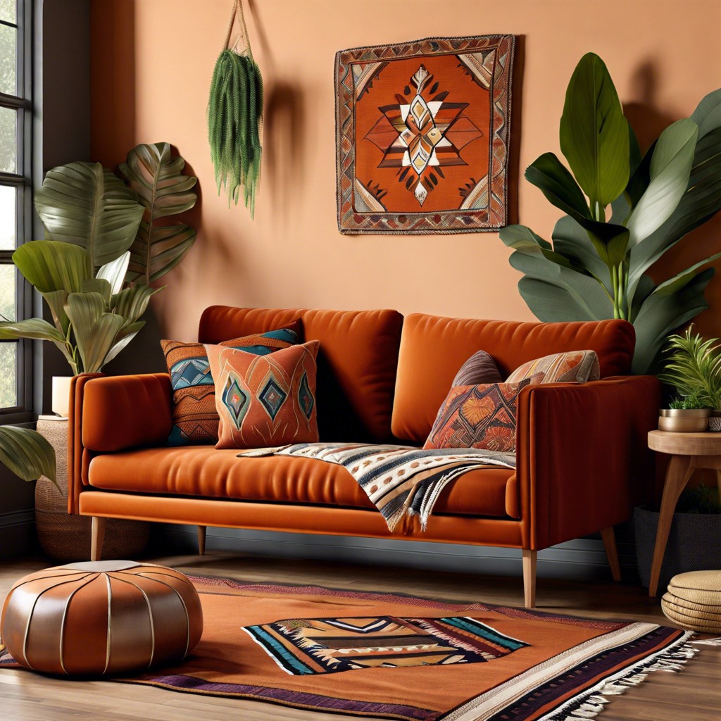 crafting a bohemian oasis by draping the sofa with colorful patterned textiles